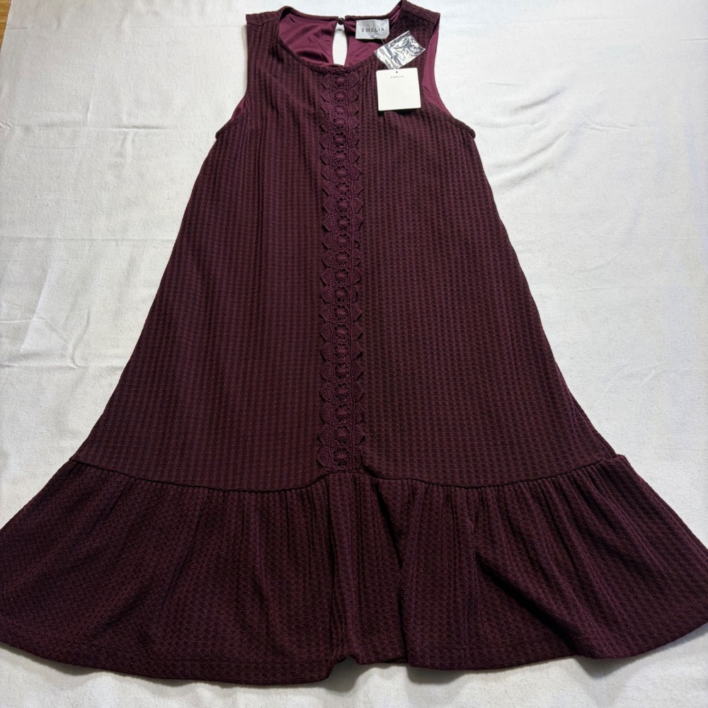 NWT Emerita Shift Dress Boho Cottagecore Crochet Lace Waffle Knit Burgundy XS